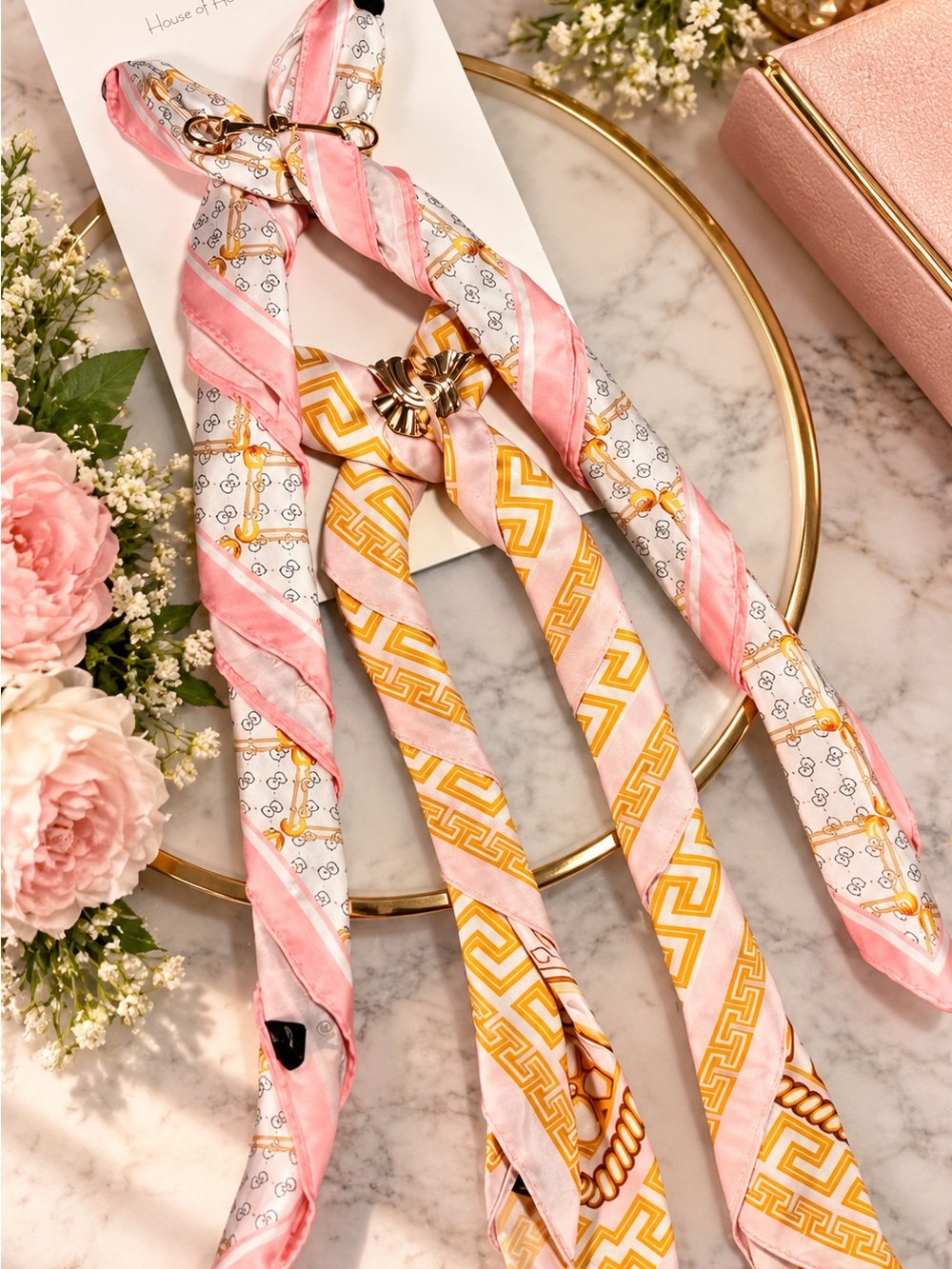 House of Harlow 1960 Pink and Gold Silk Scarf Ribbon Hair Tie